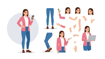 Fototapeta premium Businesswoman Character Creator Kit: Diverse Poses and Parts for Animation