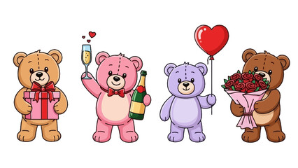 Adorable Teddy Bears Celebrating with Gifts, Champagne, and Roses Vector Art © AgnaPutri