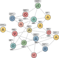 network diagram illustrating interconnected nodes and digital communication pathways for data