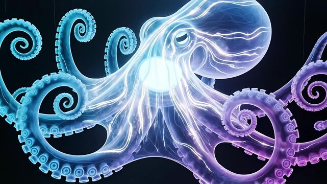 Neon bioluminescent octopus glowing with electric patterns in a black void with futuristic lighting
