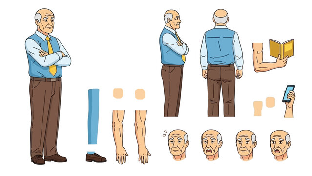 Senior Man Character Design Sheet with Multiple Poses and Expressions