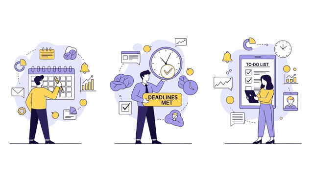 Business concepts of planning, time management, and task completion vector illustrations