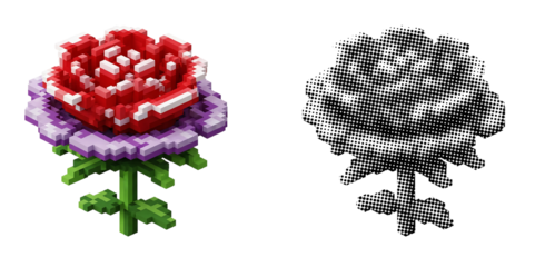 3d pixel art rose and flower  isolated on transparent background