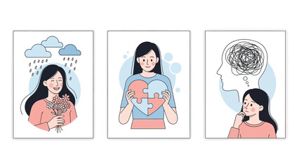 Mental Health and Wellbeing Concepts: Sadness, Self-Love, and Anxiety Illustrations