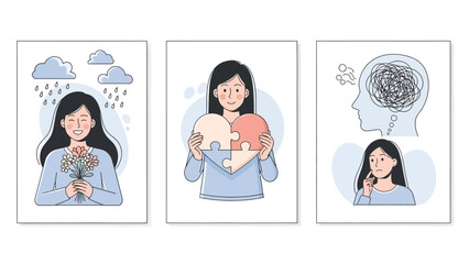 Mental Health and Wellbeing: Set of Illustrations Depicting Emotions and Self-Care