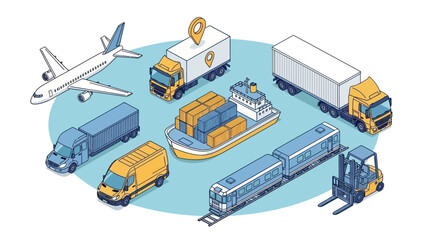 Isometric Logistics and Transportation Vector Illustration Set with Various Vehicles