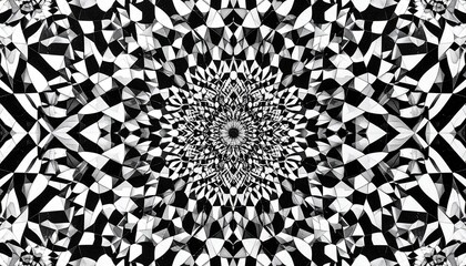 Black-and-white kaleidoscopic mandala with concentric geometric shapes and hypnotic radial symmetry.