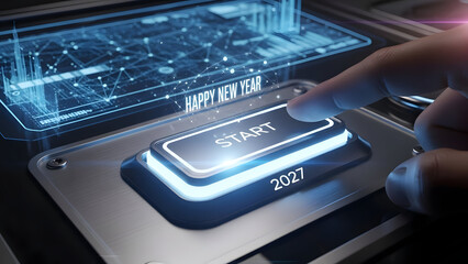 Futuristic Concept of New Year 2027: Hand Pressing Start Button on Digital Interface with Happy New Year Text