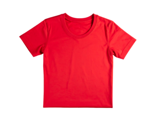 A vibrant red, short-sleeved t-shirt with a rounded neckline, laid flat against a black background