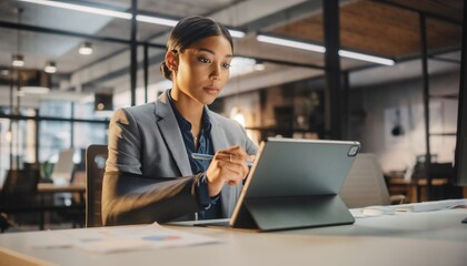 Young businesswoman focused on working with a tablet in a modern office, concept for business, productivity and technology