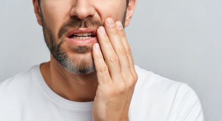 Man experiencing severe toothache while holding his jaw, showcasing discomfort and pain in a neutral background, emphasizing dental health concerns