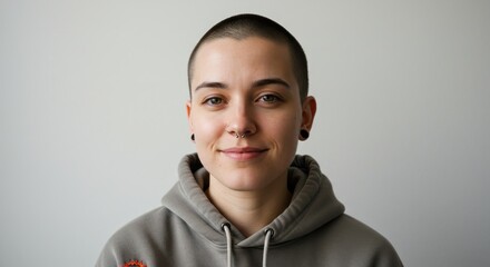 Portrait of a Smiling Young Woman with Buzz Cut and Nose Piercing