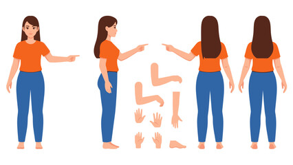 Obraz premium Diverse Poses of a Woman Character: Front, Side, and Back Views with Body Parts