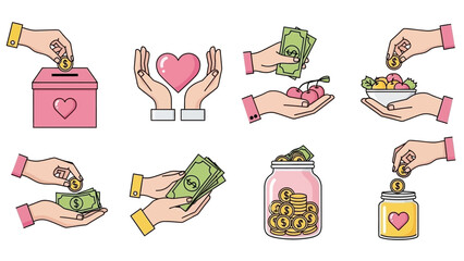 Charity and Donation Vector Illustrations: Hands Giving and Receiving Help