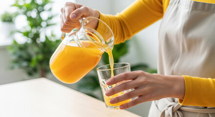 Woman in yellow sweater pours fresh orange juice from a glass pitcher into a clear glass on a wooden table with plants in the background