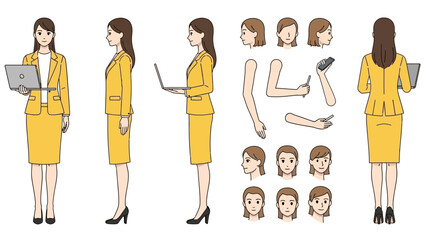 Business Woman Character Set with Multiple Poses and Views, Yellow Suit