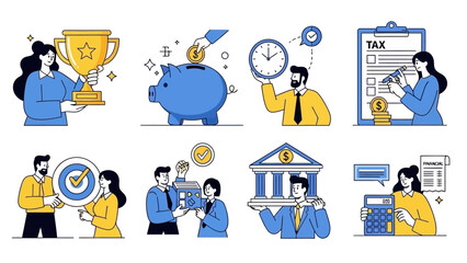 Set of Financial and Business Icons: Success, Savings, Time, Tax, Bank, and Calculator