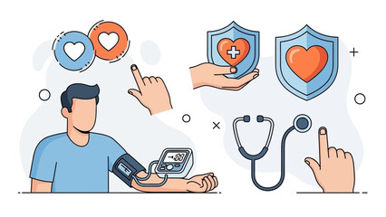 Health and Medical Concept: Heart Care, Blood Pressure Check, and Insurance Shield
