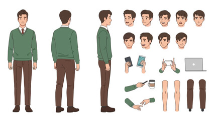 Young Man Character Design Set with Multiple Poses and Expressions
