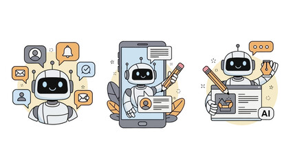 Set of AI Chatbots Illustrating Communication, Content Creation, and Digital Interaction