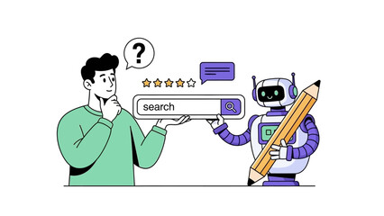 Robot Assistant Helps User with Online Search Query and Creates Content, Digital Illustration