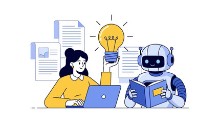 Human and Robot Collaborating on a Project with a Light Bulb Symbolizing a New Idea