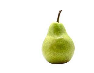 A ripe green pear with a stem, isolated on a black background