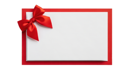 Blank white rectangular card with a red border and a large red satin bow, ideal for gift giving or greeting card mock up with copy space. Isolated on transparent background.