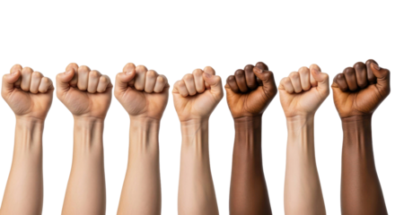 Diverse raised fists in solidarity showcasing various skin tones representing unity and strength in social movements. Isolated on transparent background