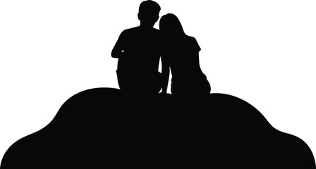 Romantic Couple Sitting on Hill Vector Illustration Silhouette in Black