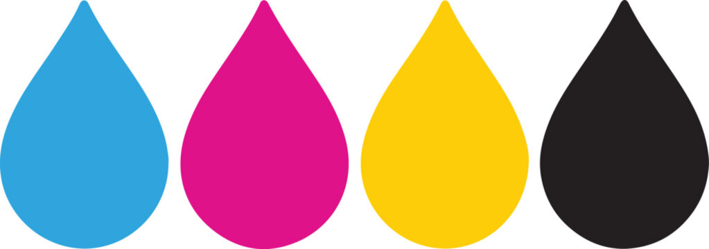 CMYK color ink drops cyan magenta yellow black graphic design elements for printing and digital media isolated on white background