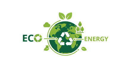 Eco energy concept vector illustration featuring a globe, recycling symbol, and green leaves representing sustainability and environmental awareness. Isolated on transparent background.