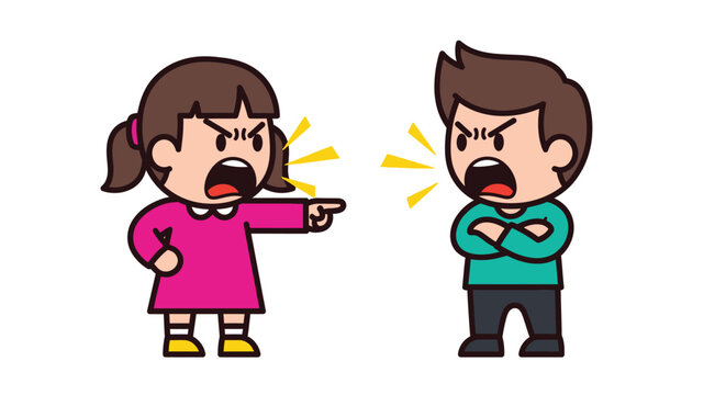 Cartoon illustration of an angry girl pointing at a man with his arms crossed, both with frustrated expressions and yellow anger lines, on a white background.