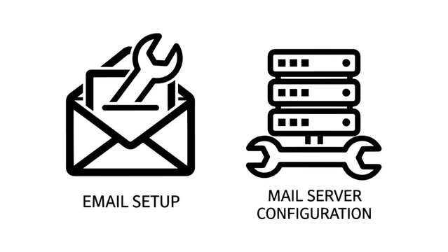 IT communication email setup and mail server configuration icons featuring envelope and server racks with technical wrench tools.