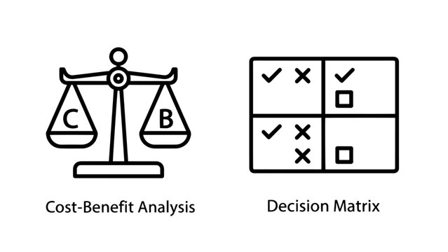 Decision making and economic evaluation icons showing cost benefit analysis scales and decision matrix grid with checkmarks and crosses.