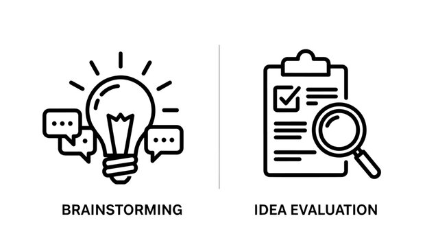 Creative innovation icons for brainstorming and idea evaluation showing lightbulb speech bubbles and a research checklist