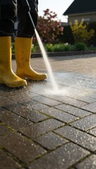 High Pressure Water Jet Cleaning Pavement. Worker in yellow boots spraying strong liquid to wash dirt from stone street. Professional equipment removing grime moss from garden walkway.