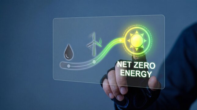 A person interacting with a futuristic net zero energy interface display - Powered by Adobe