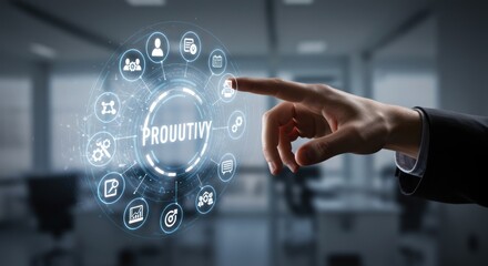 Fototapeta premium Productivity Enhancement: Hand Interacting with Digital Interface for Efficiency and Workflow Optimization