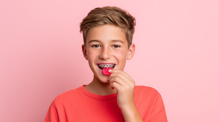 Boy braces eating candy pink background smiling teenager dental orthodontic treatment. Child orthodontist teeth care hygiene health concept. Teen bracket smile red shirt portrait studio closeup.