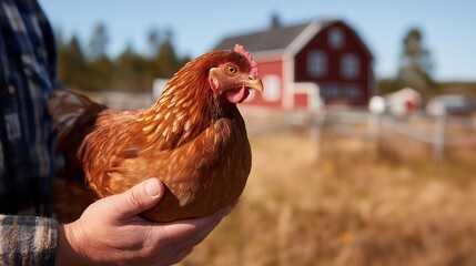Person holding a brown hen on a sunny farm with a red barn in the background