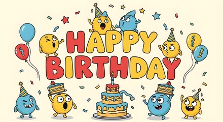 A funny Happy Birthday greeting illustration with whimsical characters, humorous typography, and festive elements.