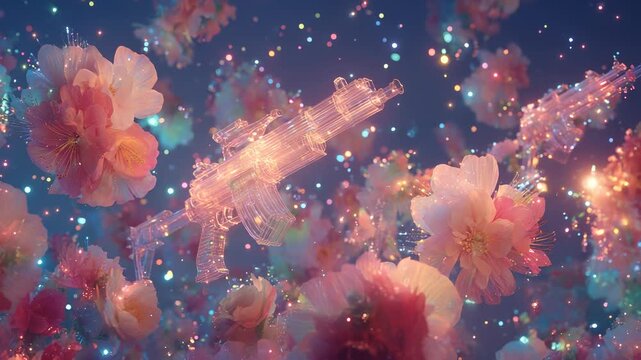 Futuristic Holographic Assault Rifle Rendered in Vibrant Neon Lightscape, Digital Art, Technology and Warfare Concept.