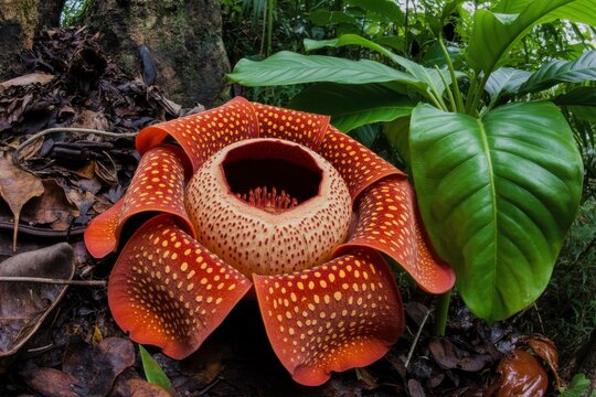 giant rafflesia against the background of a tropical rainy forest