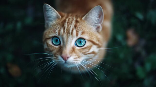 A ginger cat examines the garden. It looks for insects and listens to the sounds around. The cat moves closer to the camera while showing its curiosity