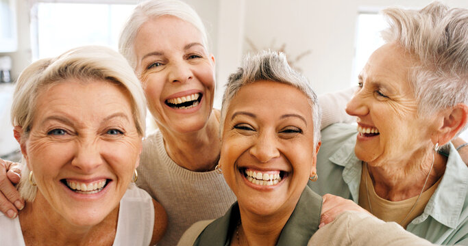 Portrait, elderly women and hug with selfie, smile and bonding together for profile picture in home. Happy, senior people and retired friends with photography, connection and embrace for good memory.