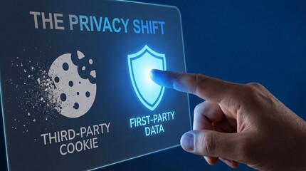 A hand interacting with a digital screen displaying the privacy shift from third-party cookies to first-party data