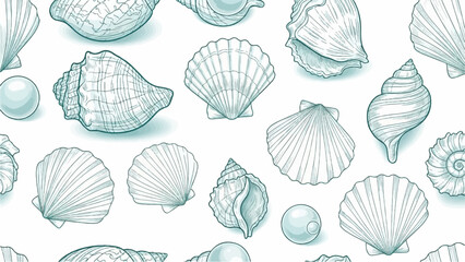 A seamless pattern of sketched seashells and pearls on a white background