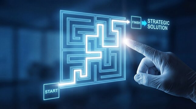 A hand navigating a digital maze towards a strategic solution
