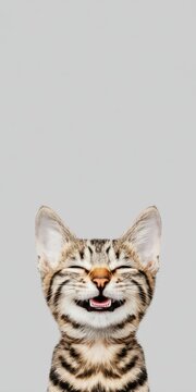 Happy kitten closing eyes while smiling showing teeth